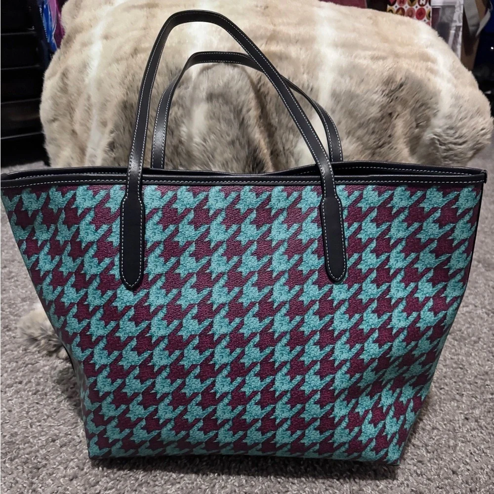 Coach City Tote in a teal and wine houndstooth print